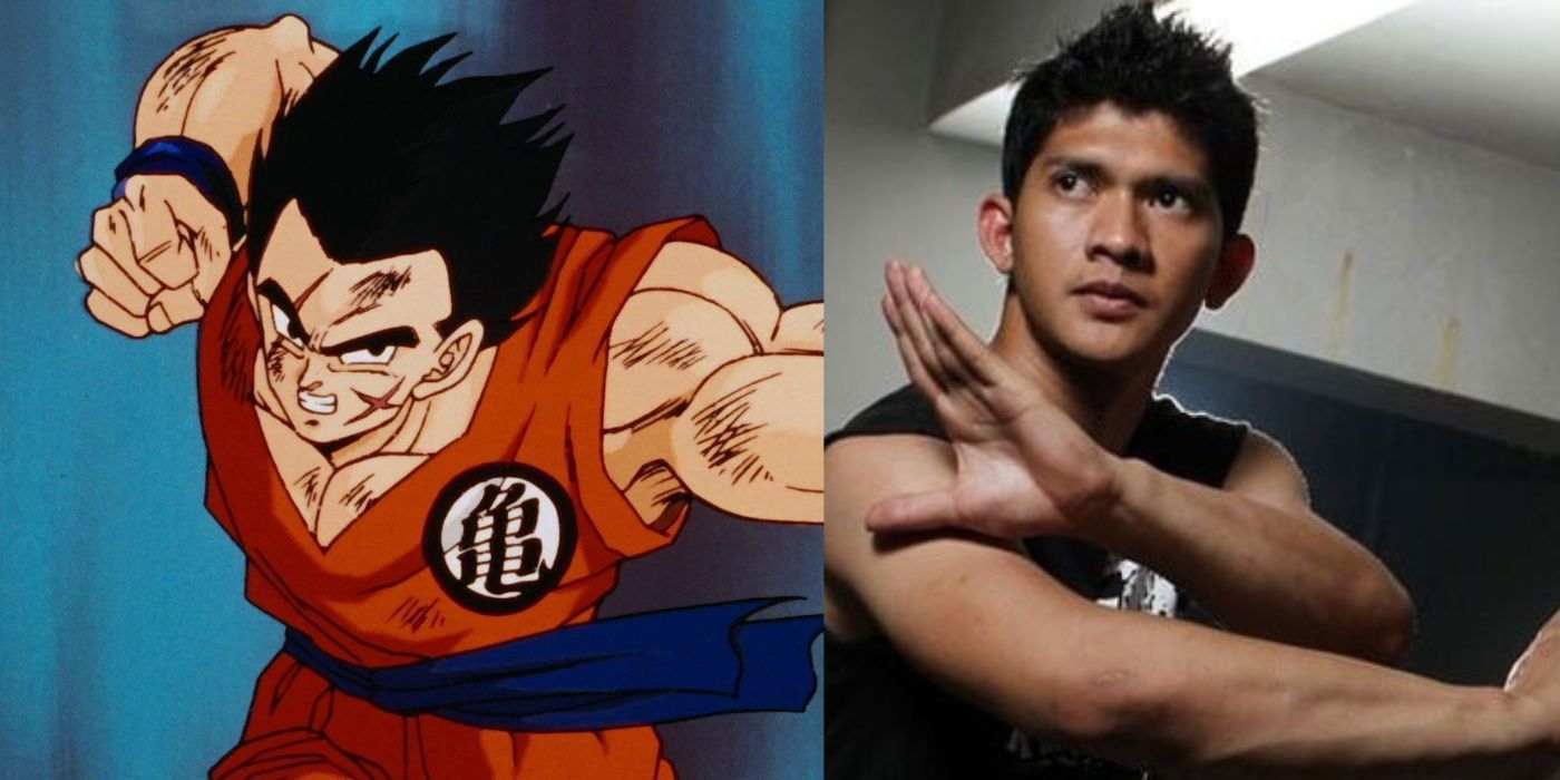 Split images of Yamcha in Dragon Ball Z and Iko Uwais in fighting stances