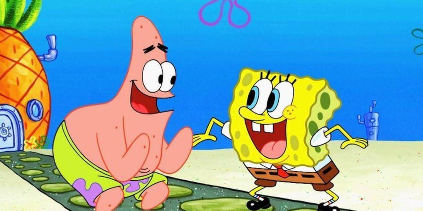 SpongeBob and Patrick smiling together in Bikini Bottom in Spongebob Squarepants