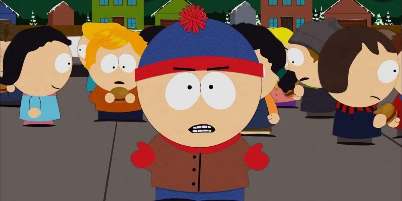 Stan stood on the playground looking angry in South Park