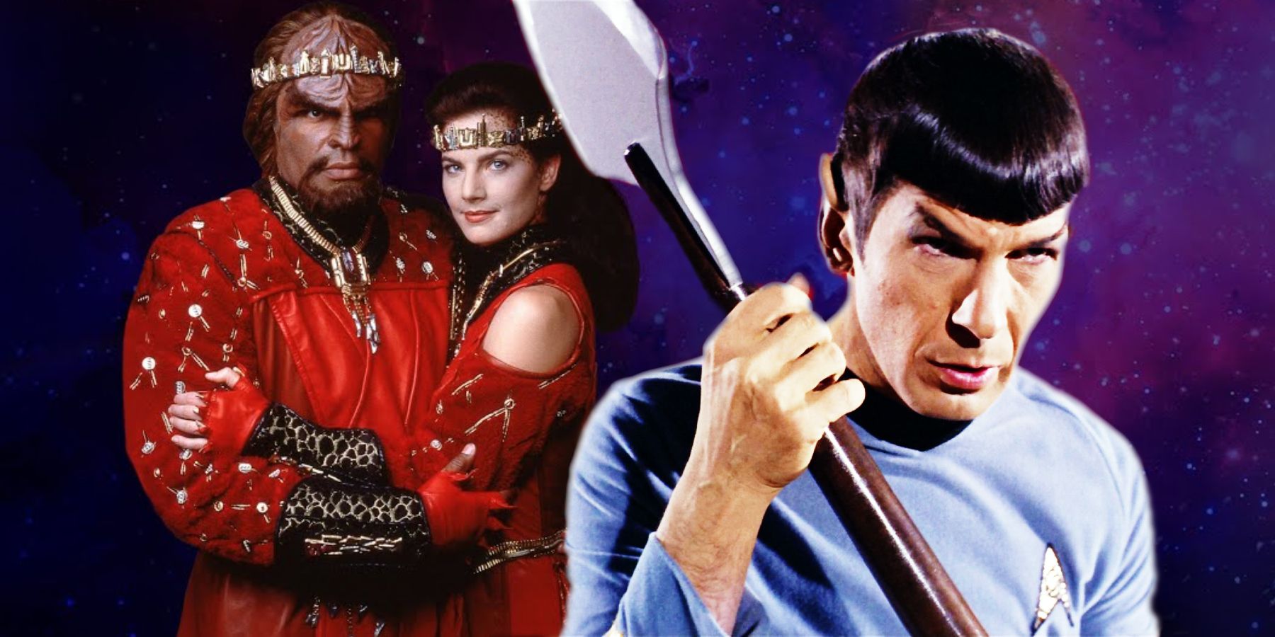 Michael Dorn and Terry Farrell dressed in Klingon wedding garb, Leonard Nimoy as Spock