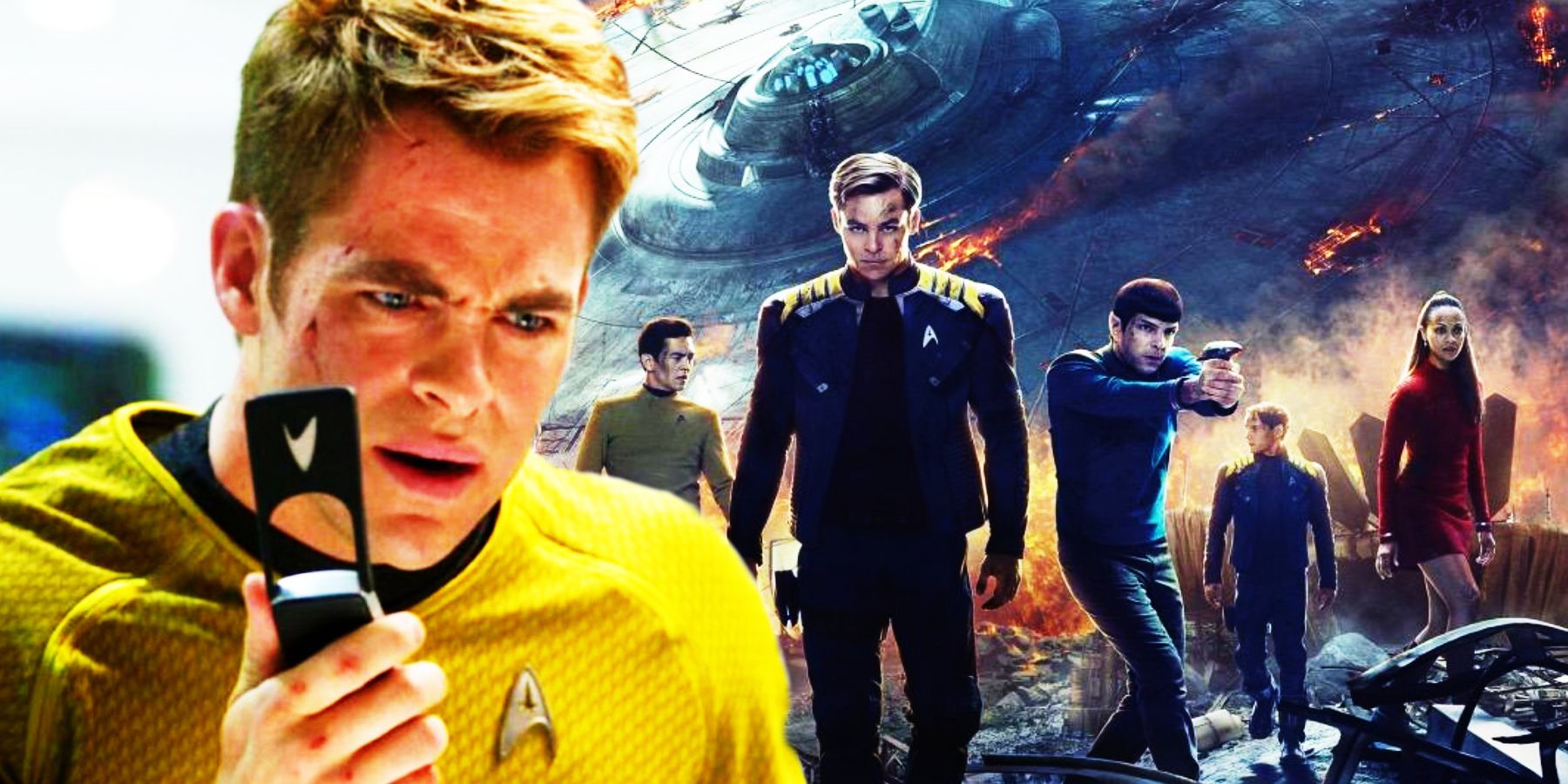 Chris Pine as Kirk and promotional artwork for Star Trek Beyond