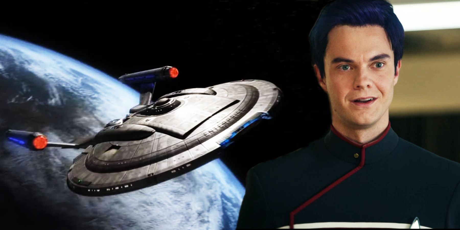 The Enterprise NX-01 takes flight behind Ensign Brad Boimler