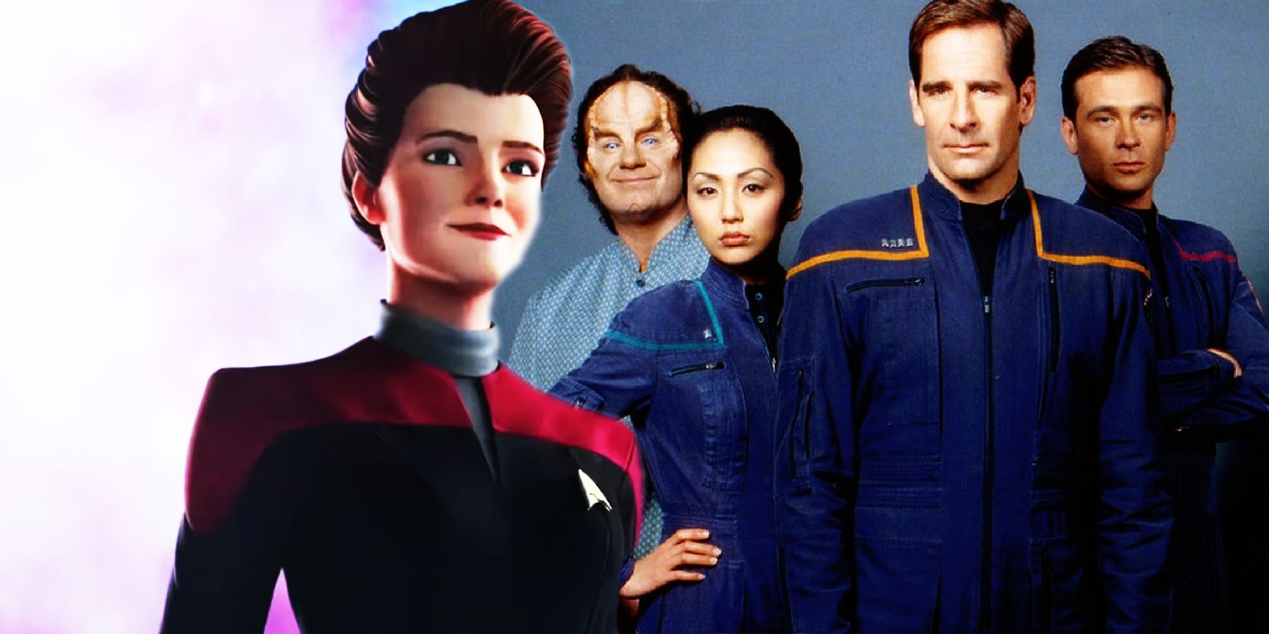 Kate Mulgrew as Janeway and the cast of Star Trek: Enterprise