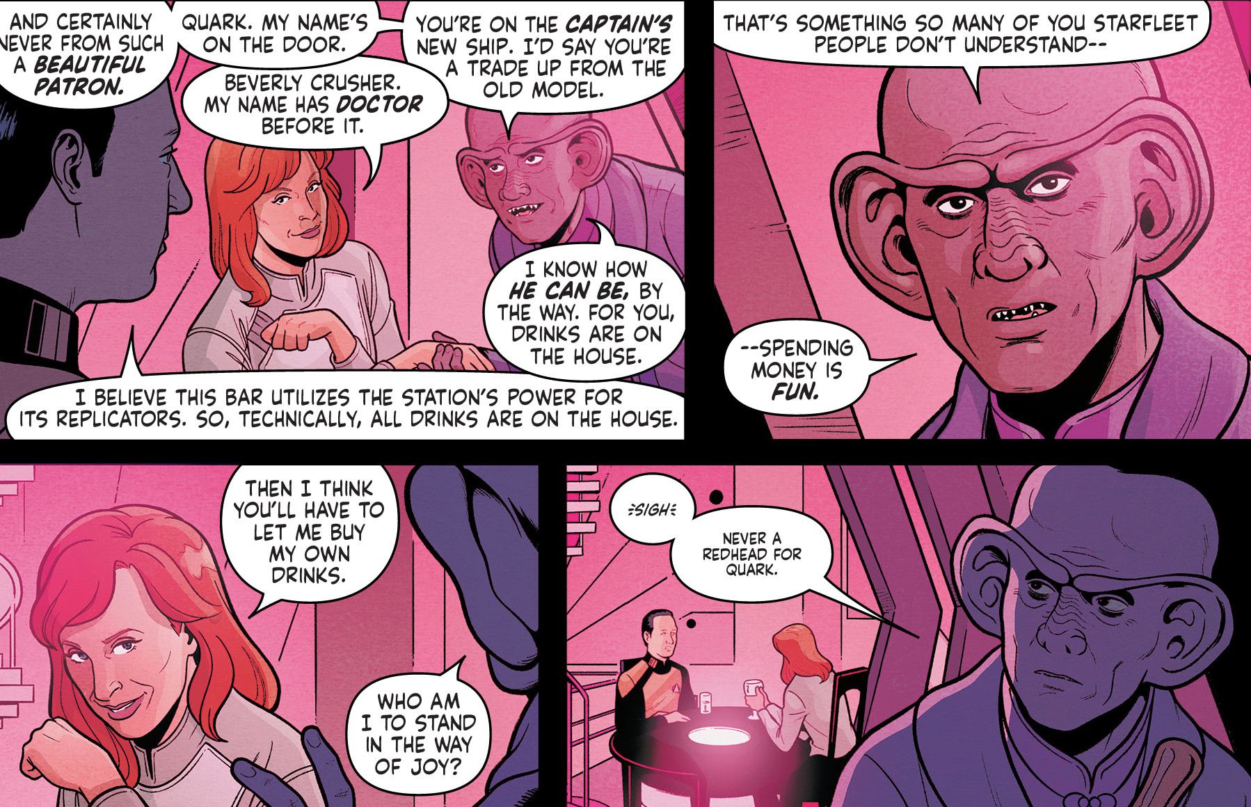 Star Trek #7 panels, Quark flirts with Doctor Crusher