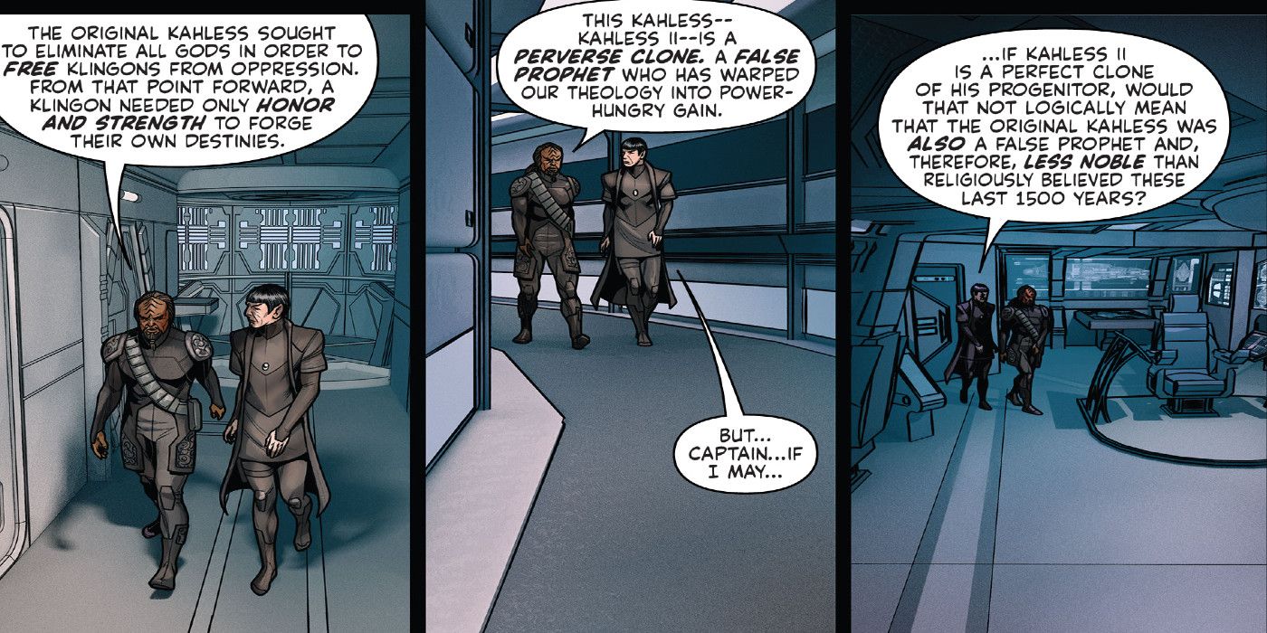 Panels from Star Trek Defiant featuring Worf and Spock.
