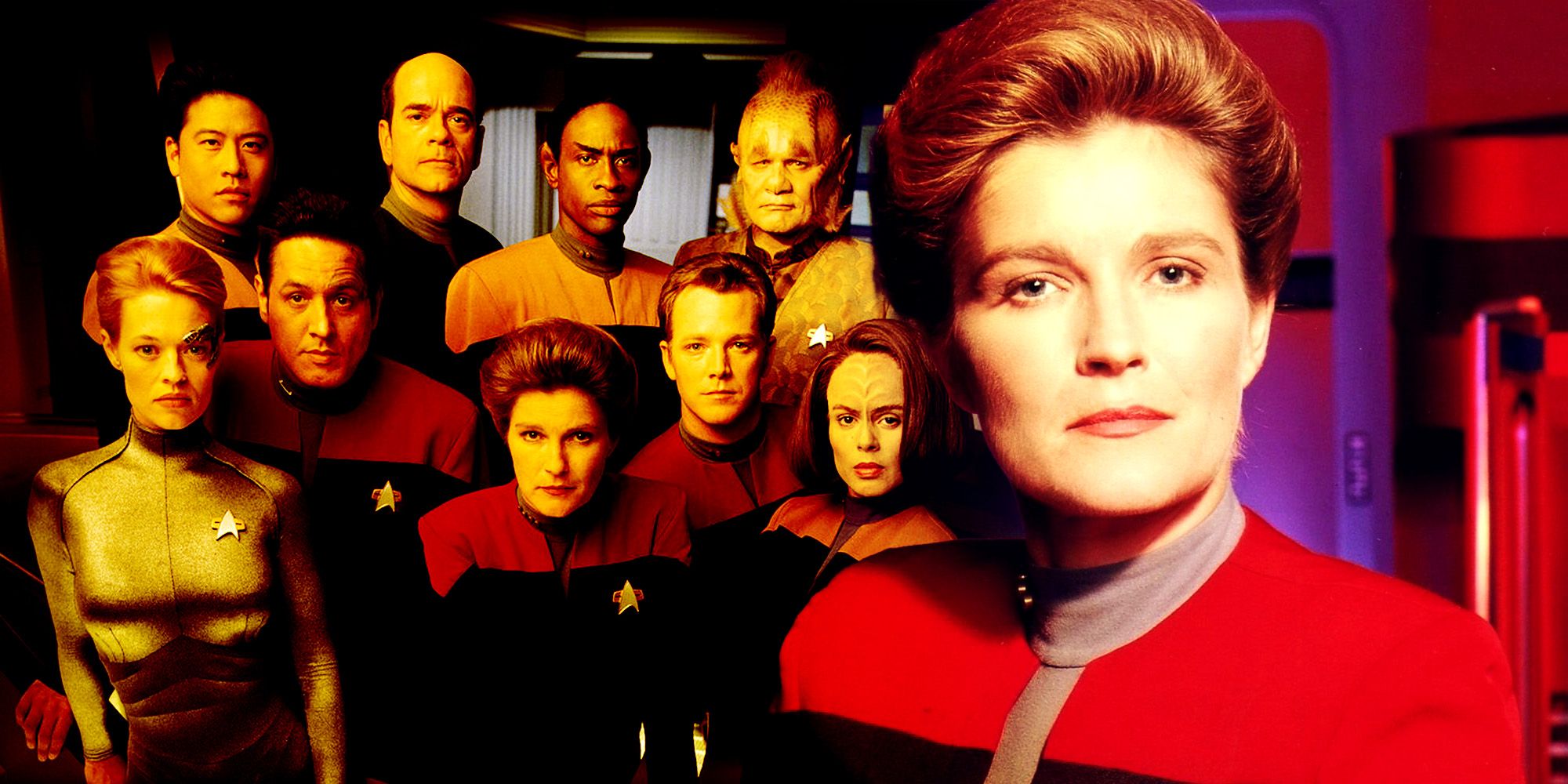 Captain Janeway and the cast of Star Trek: Voyager. 