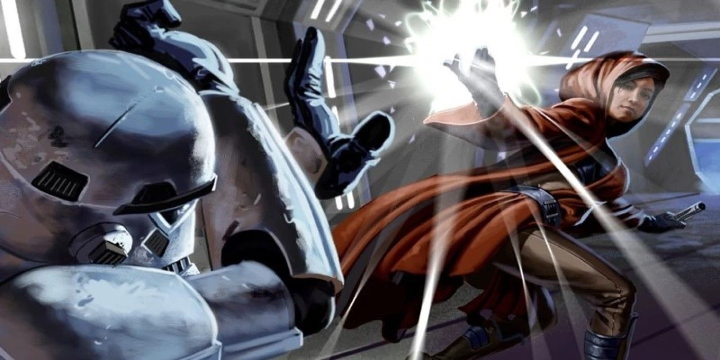 A Jedi uses Force Blinding on a Stormtrooper in Star Wars Legends.
