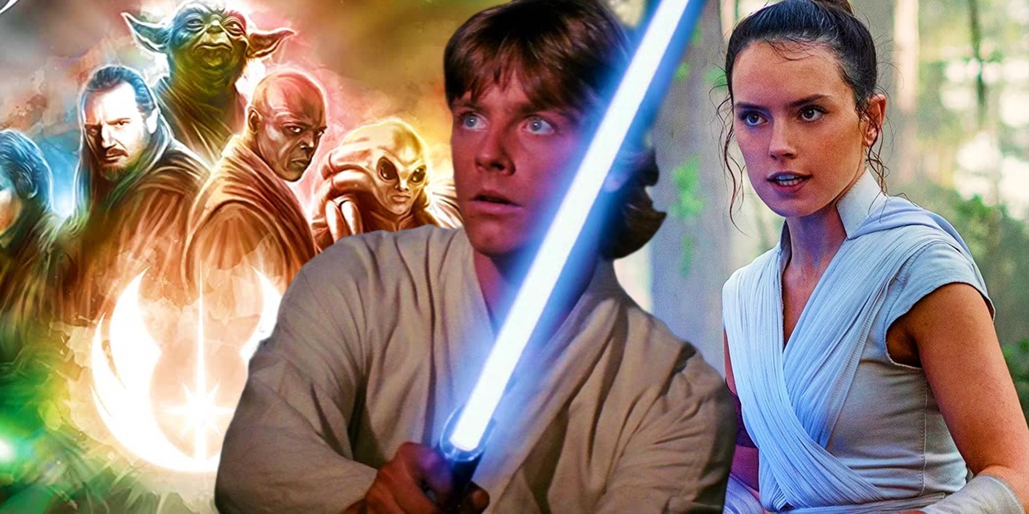 Star Wars Jedi Order from the prequels next to Luke and Rey Skywalker