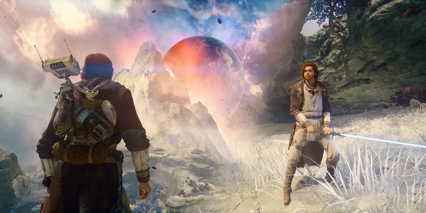 Two different looks at Cal on Tanalorr blended together - on the left, BD-1 stand on his shoulder as they look over Tanalorr's landscape, and on the right, Cal holds an ignited crossguard lightsaber in Tanalorr's pale grass with a rock face behind him.