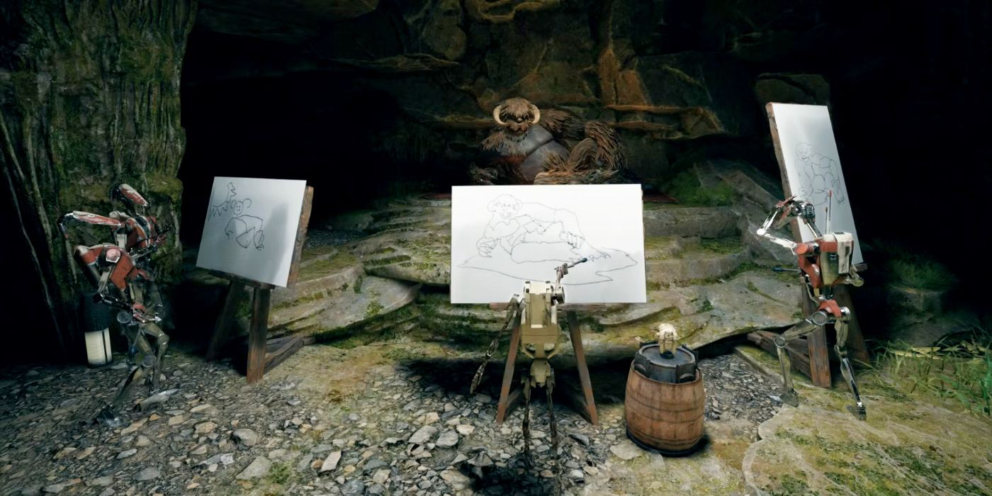 Droid pertempuran B1 melukis Mogu berpose di ruang rahasia di Koboh di Star Wars Jedi: Survivor.