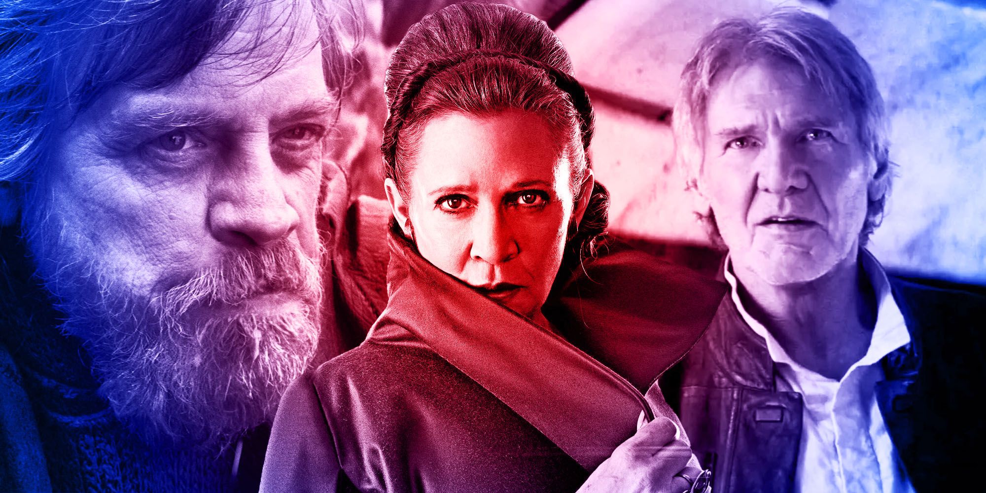 Luke Skywalker, Princess Leia, and Han Solo in the Star Wars sequels.