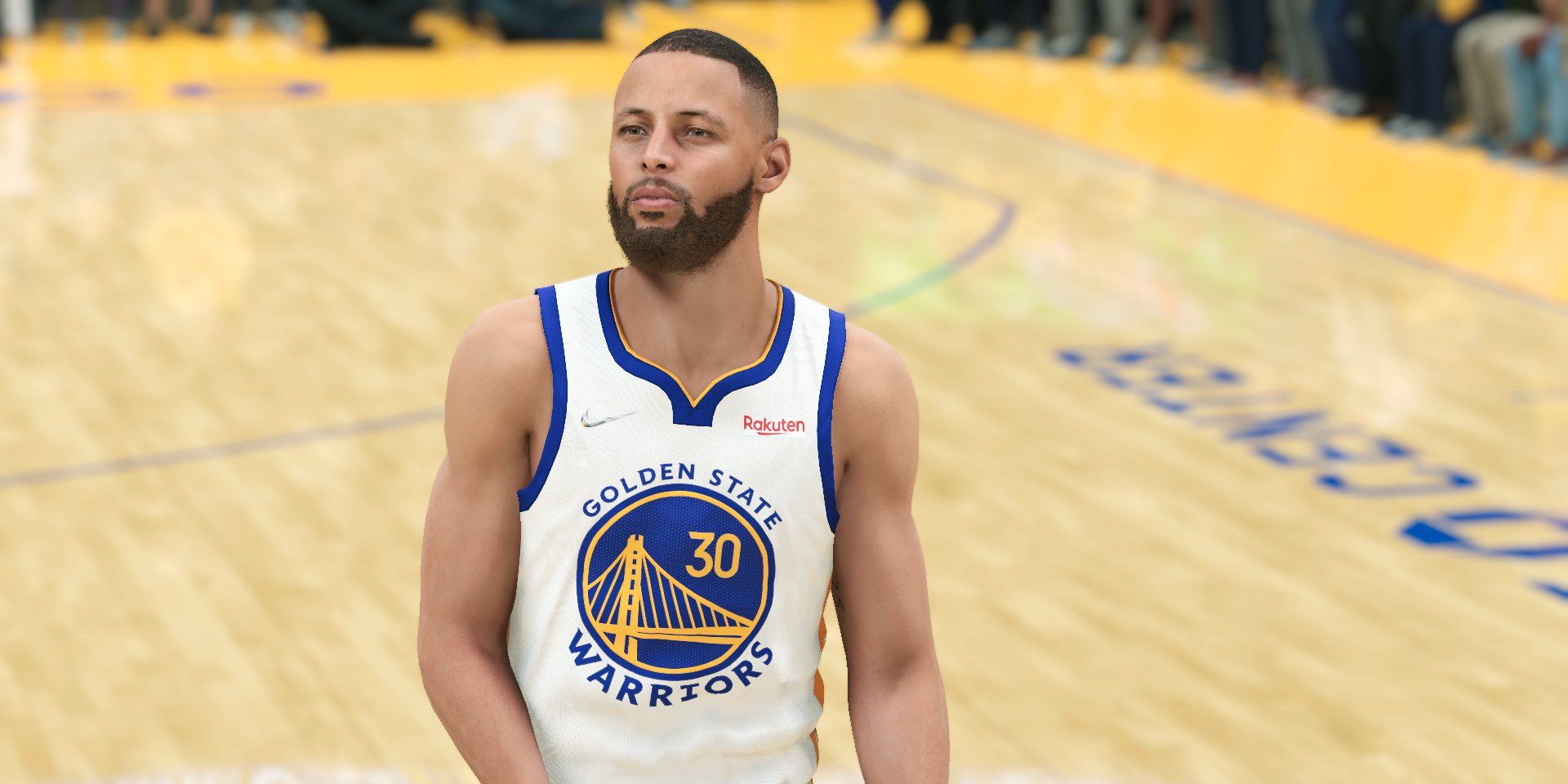 Steph Curry berdiri di dekat setengah lapangan dengan ekspresi percaya diri di NBA 2K.