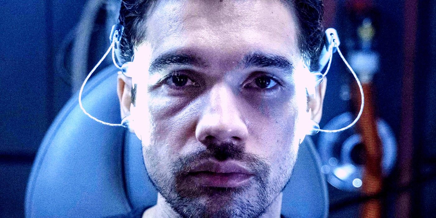 Steven Strait as Holden in The Expanse, looking down the lens with a device on his head