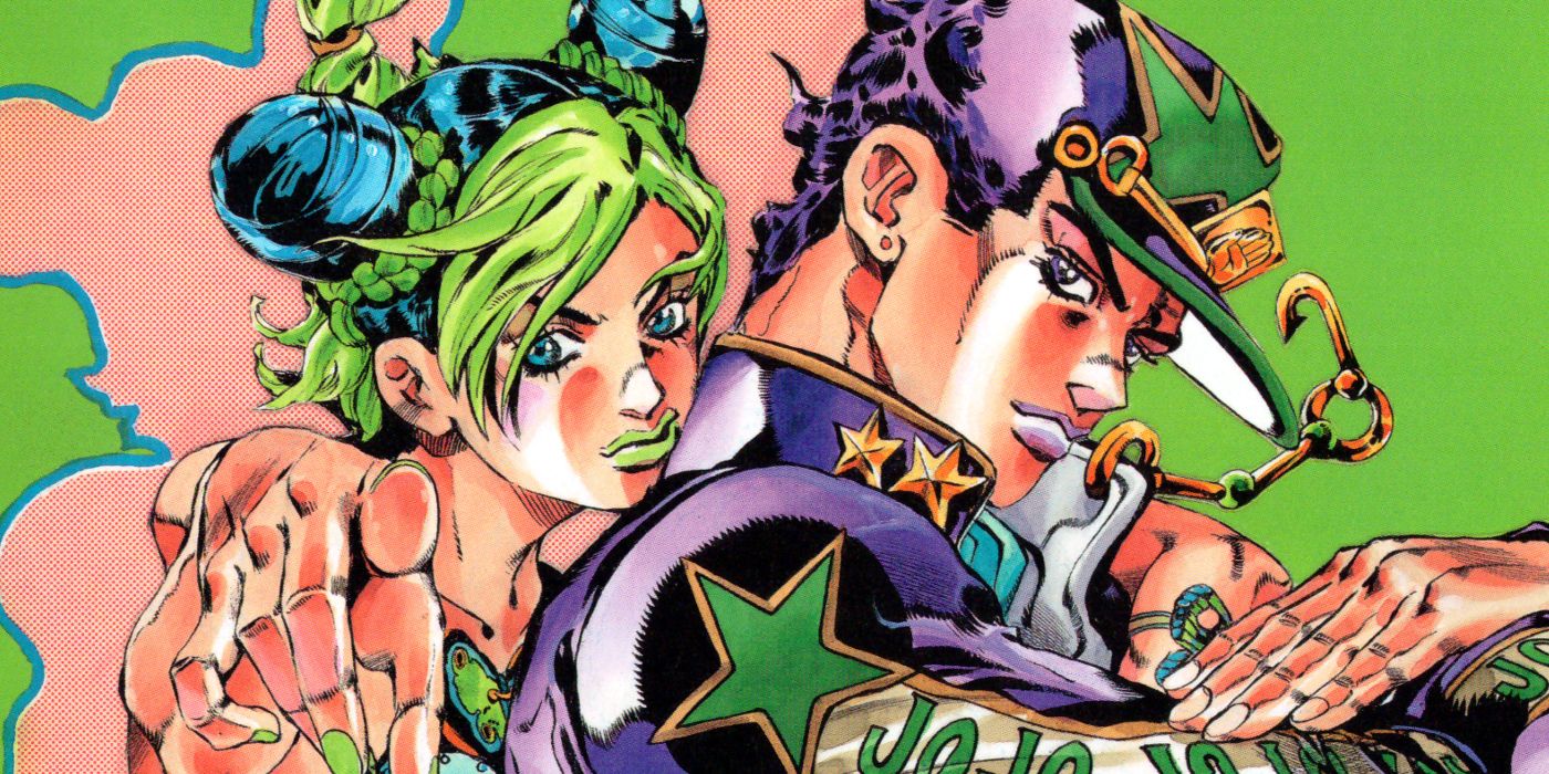 Jolyne and Jotaro from Stone Ocean posing with Jolyne pointing at the camera.