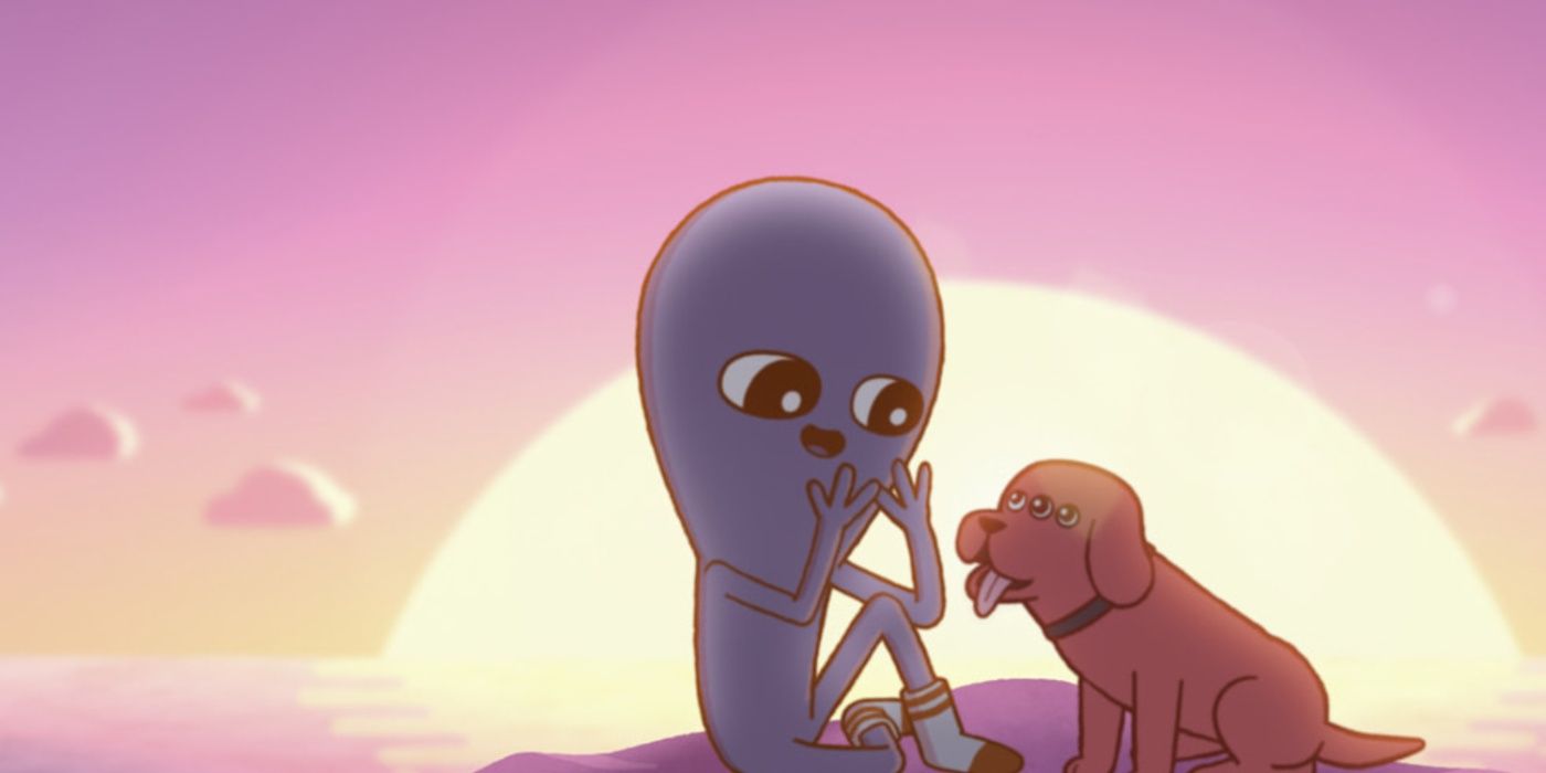 A blue being and a three-eyed dog in front of a sunset in the tv series Strange Planet