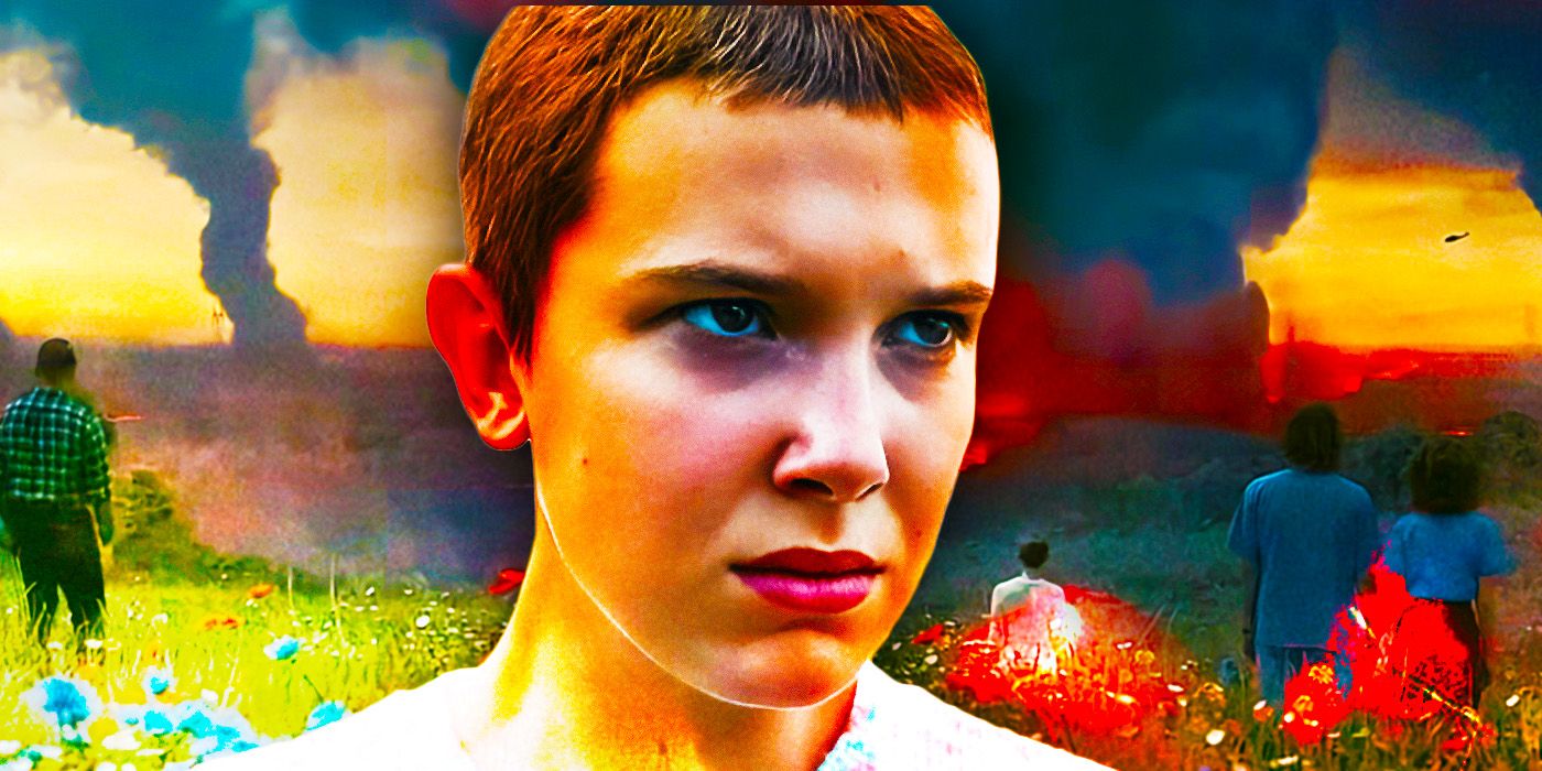 A close-up of Eleven in Stranger Things and Hawkins burning in season 4