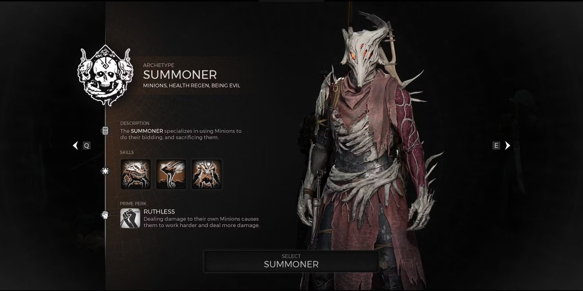 The official introductory page for the Summoner, with the character standing to the side of the screen.