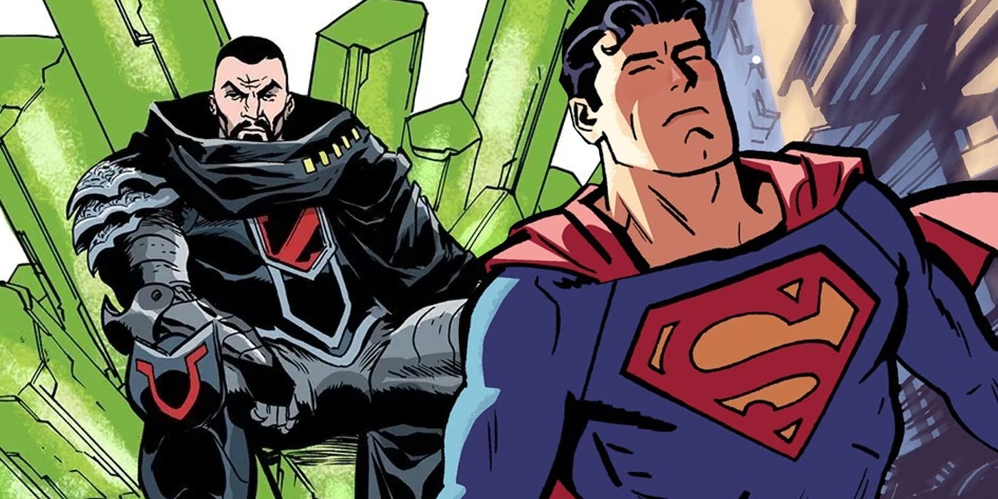 Superman na frente do General Zod sentado em um trono de criptonita.