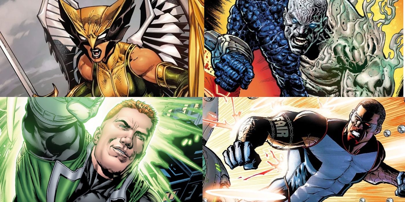 Superman Legacy Superhero Cast with Hawkgirl, Metamorpho, Guy Gardner, and Mr. Terrific in comic book art.