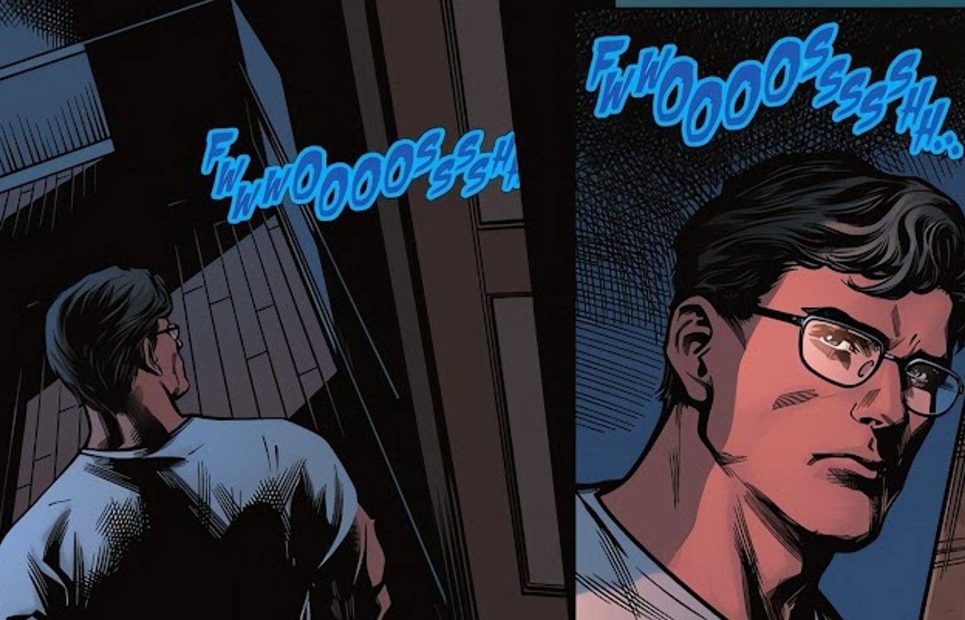 Superman watches Hope whie she is in the shower
