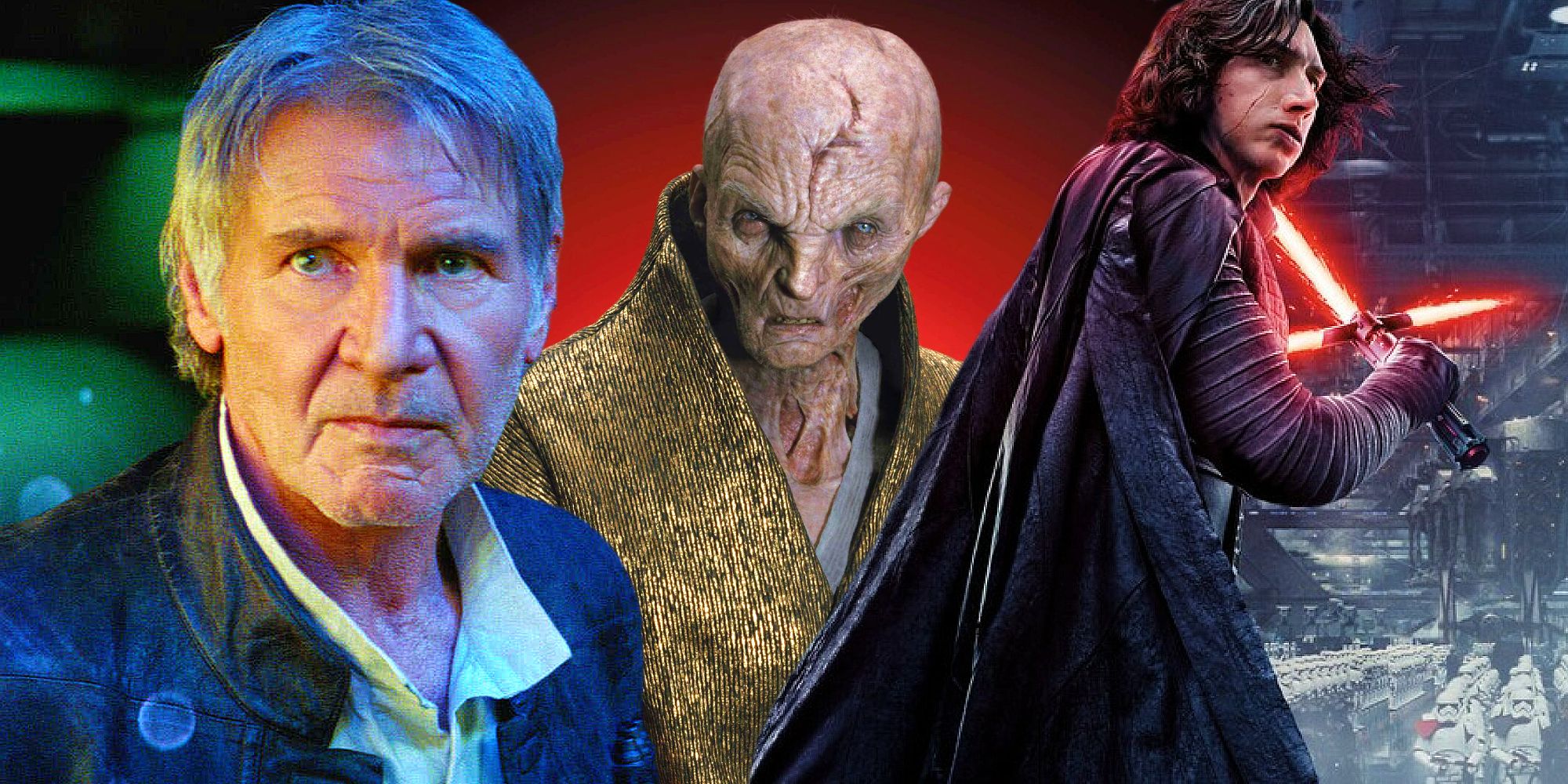 Supreme Leader Snoke, Han Solo, and Kylo Ren as seen in the Star Wars sequel trilogy