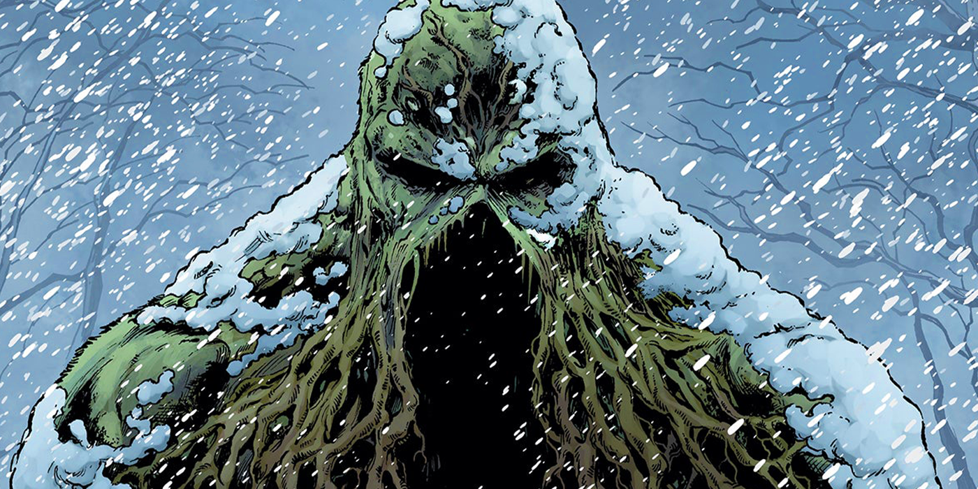 Swamp Thing DC comic cover with snow over the character
