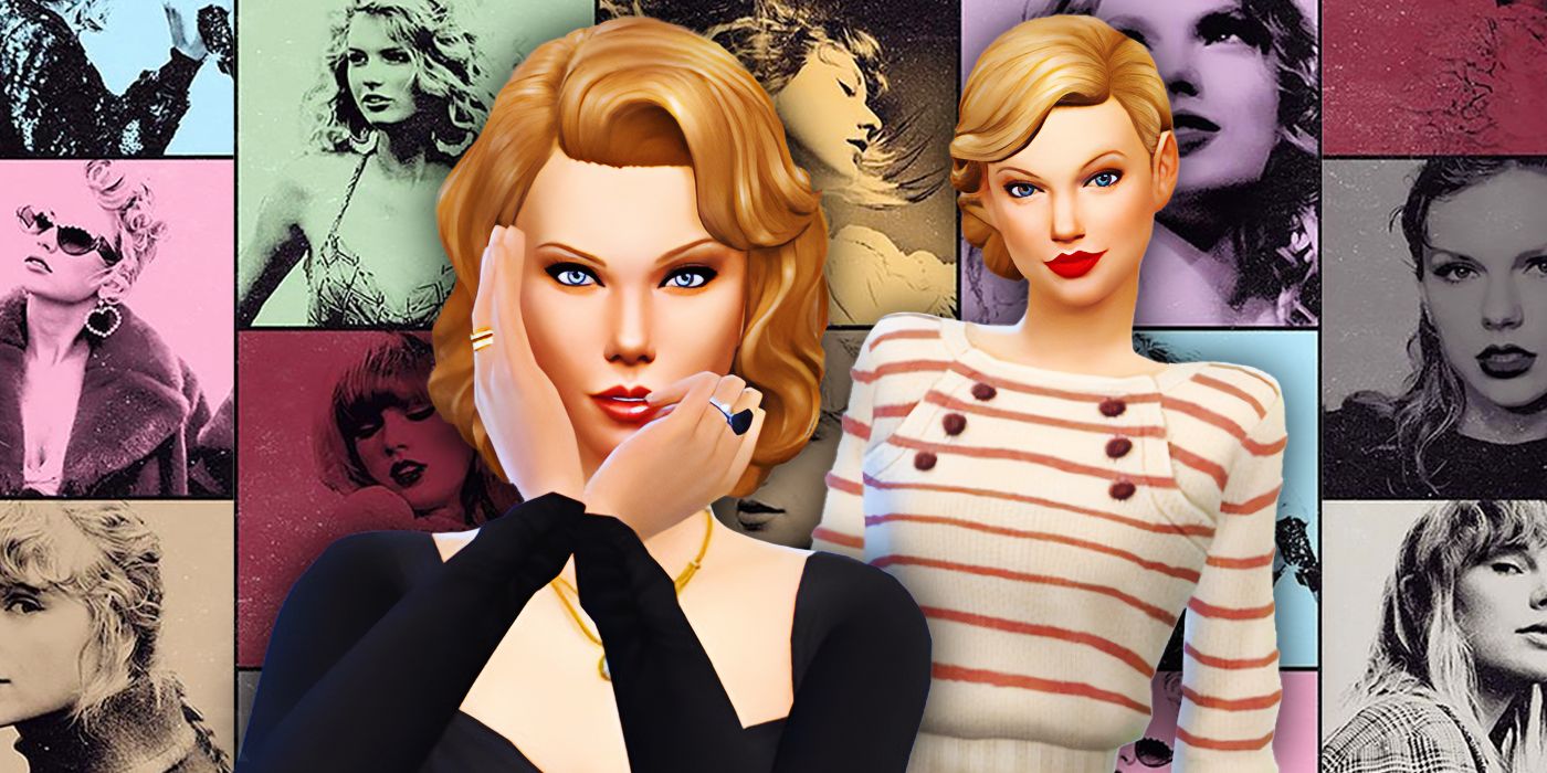 Taylor Swift as a Sims 4 character in front of Taylor Swift's Era Poster