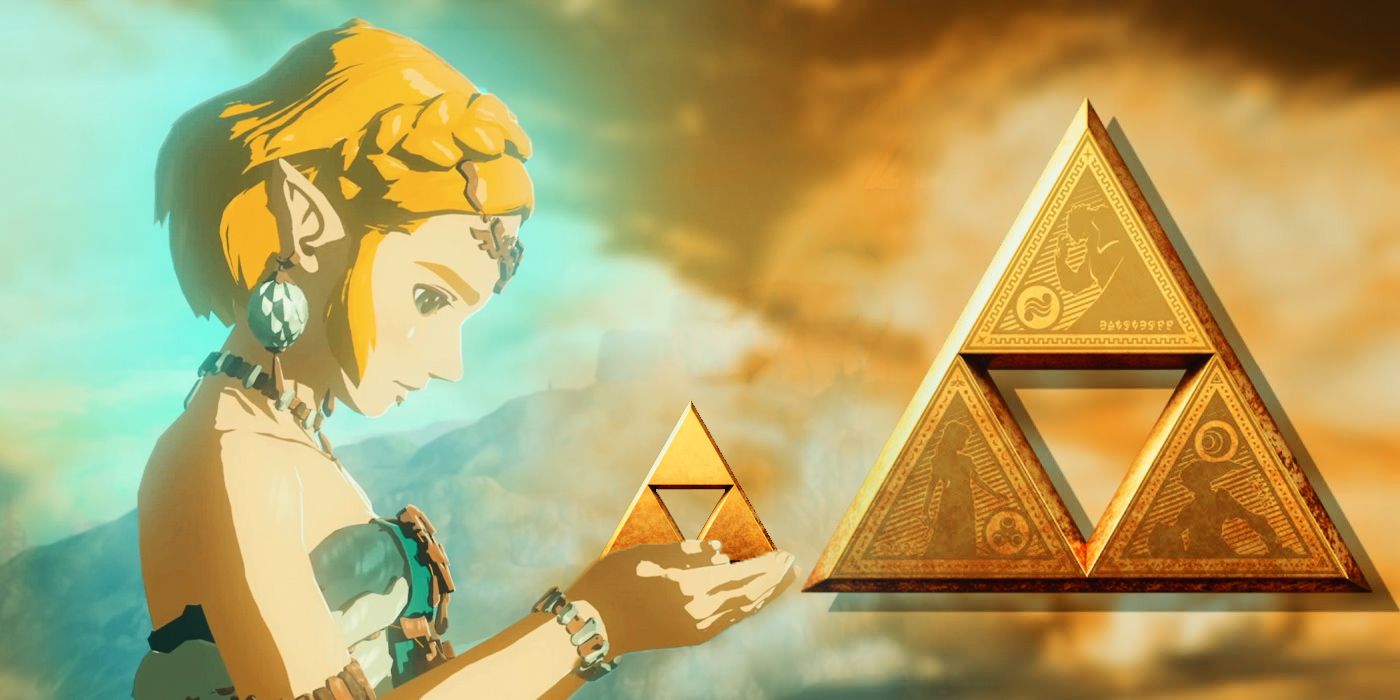 Imagem composta de Zelda de The Legend of Zelda: Tears of the Kingdom oposta a uma imagem da Triforce, com uma Triforce menor em suas mãos.