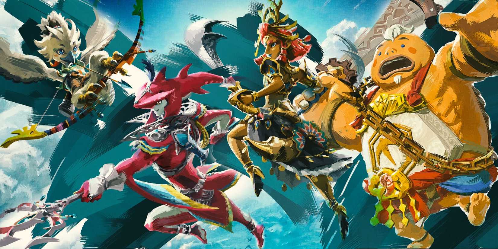 An image of Tulin, Riju, Sidon, and Yunobo, the main four sages of Zelda Tears of the Kingdom