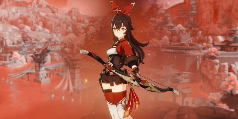 Amber poses with her bow in front of a red sparkly background of Liyue Harbor.