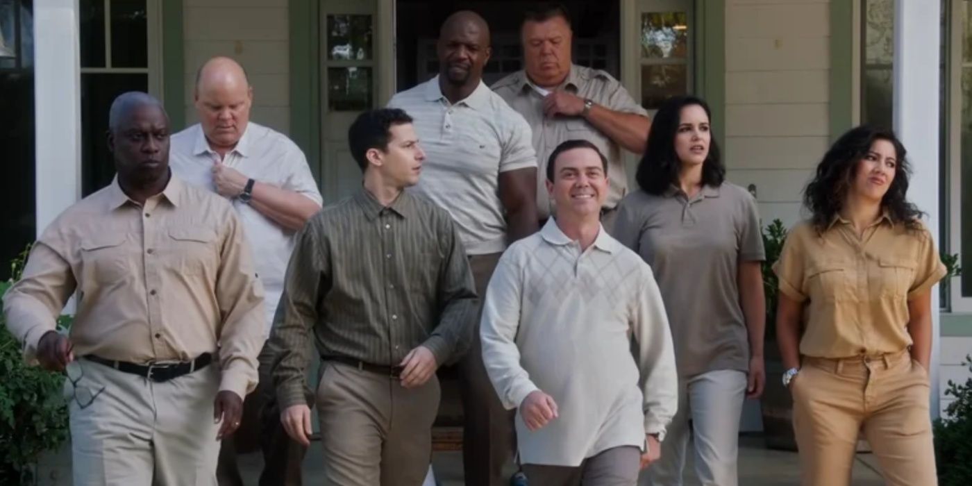The cast of Brooklyn 99 in plain clothes in the episode 99