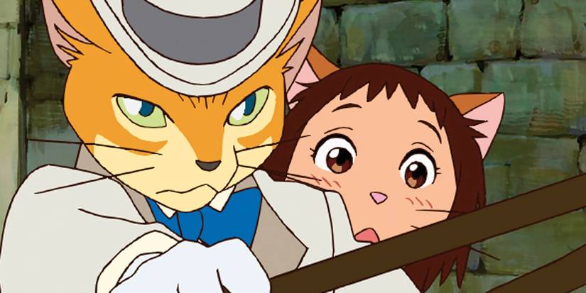 The Cat Returns' title character stands in front of the main heroine.
