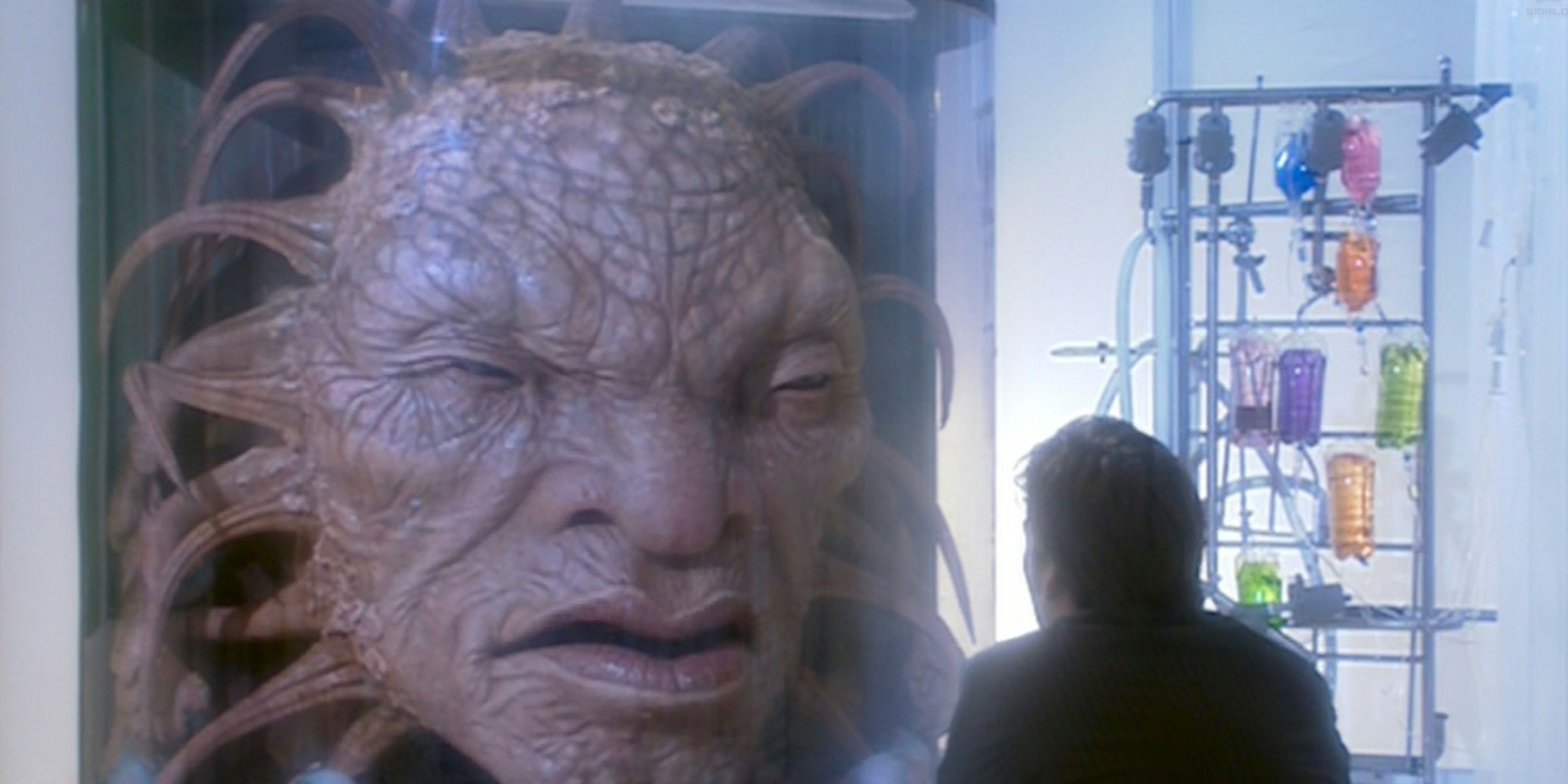 The Face of Boe in his case while the Doctor sits and talks with him in Doctor Who