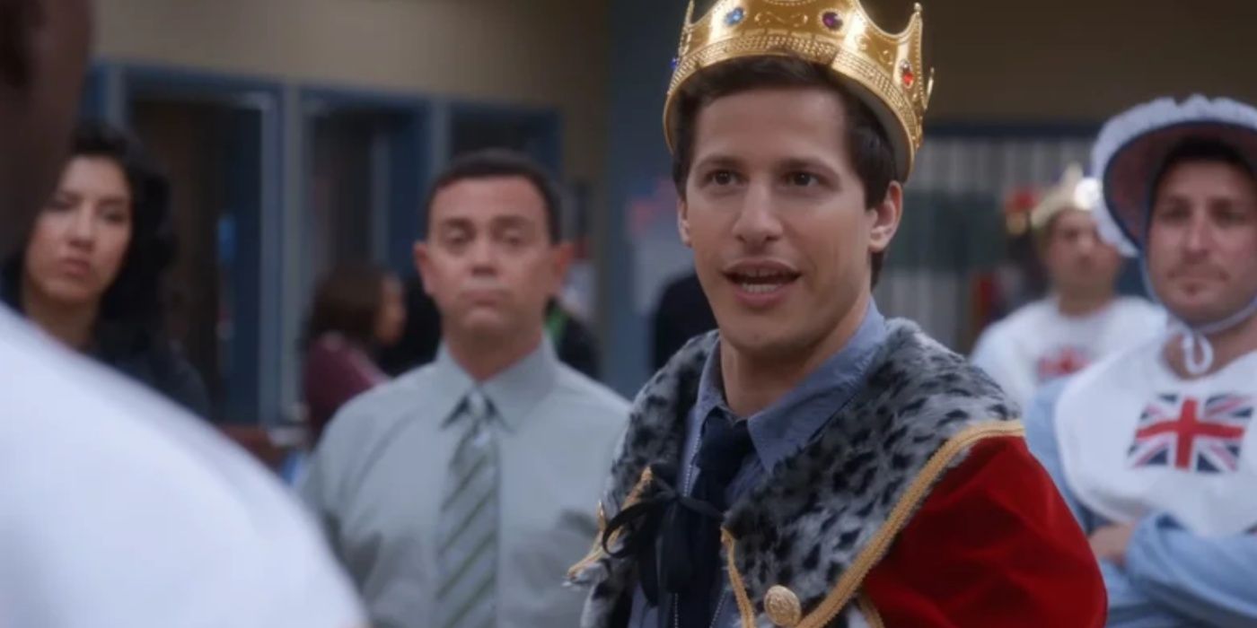 Jake in a crown in the first Brooklyn 99 Halloween episode