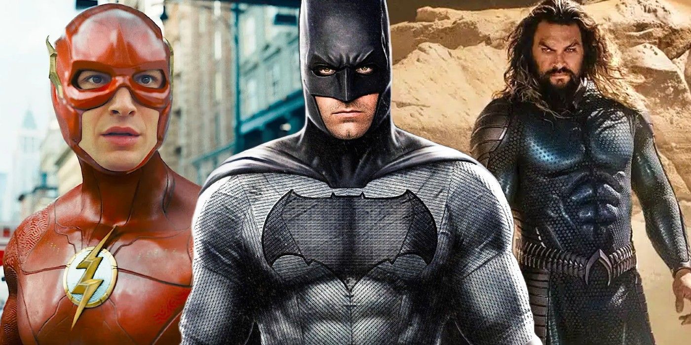 Custom image of Ezra Miller in The Flash, Ben Affleck's Batman, and Jason Momoa in Aquaman and the Lost Kingdom.