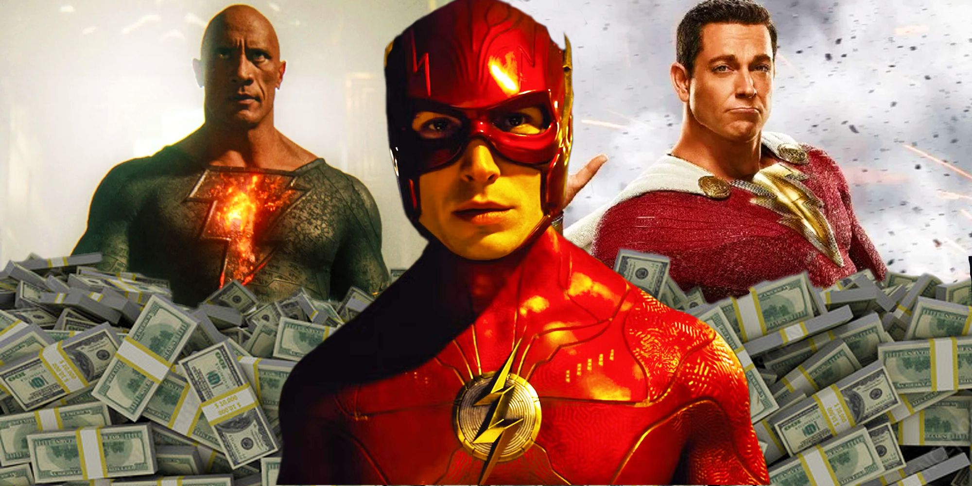 The Flash, Shazam, and Black Adam surrounding by dollar bills