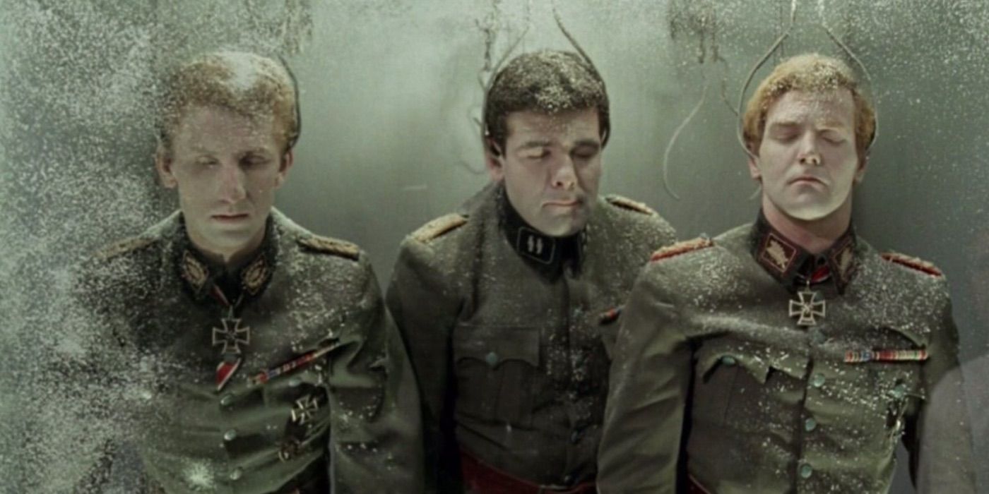 Three dead Nazi's hang in a freezer in The Frozen Dead