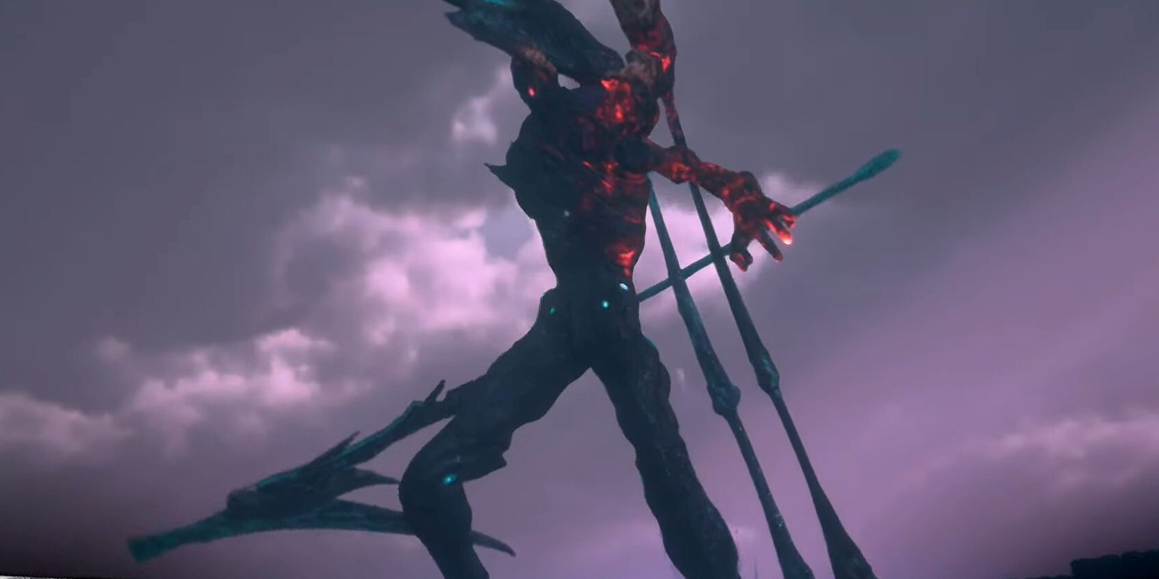 The Prince of Death, a slender, rocky enemy with glowing red spots, hovers above the ground in FF16, spear at the ready.