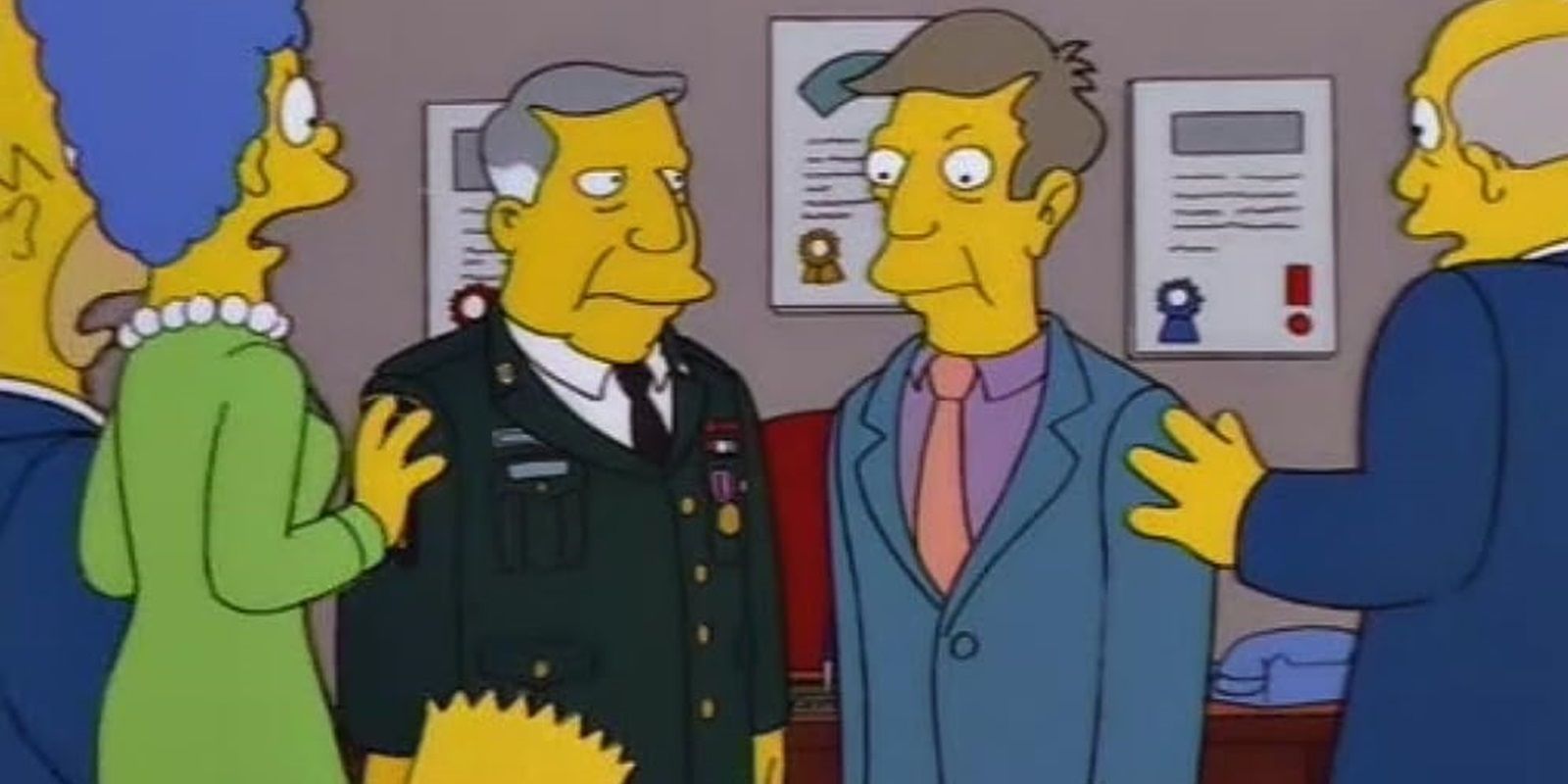 The real Principal Skinner with the impostor Armin Tamzarian in The Simpsons and Marge, Bart, Homer Simpson and Superintendent Chalmers looking shocked