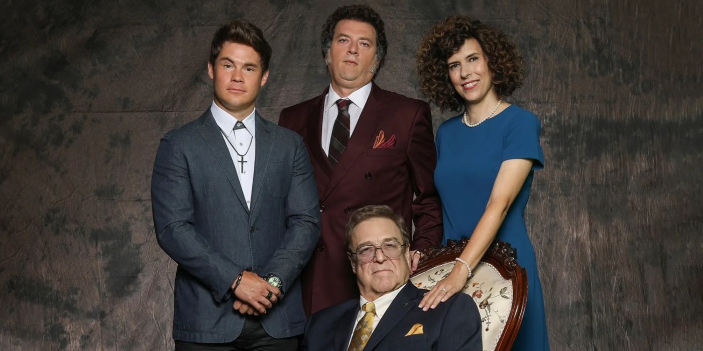 The Righteous Gemstones family photo featuring Adam DeVine as Kelvin, Danny McBride as Jesse, Edi Patterson as Judy, and John Goodman as Eli
