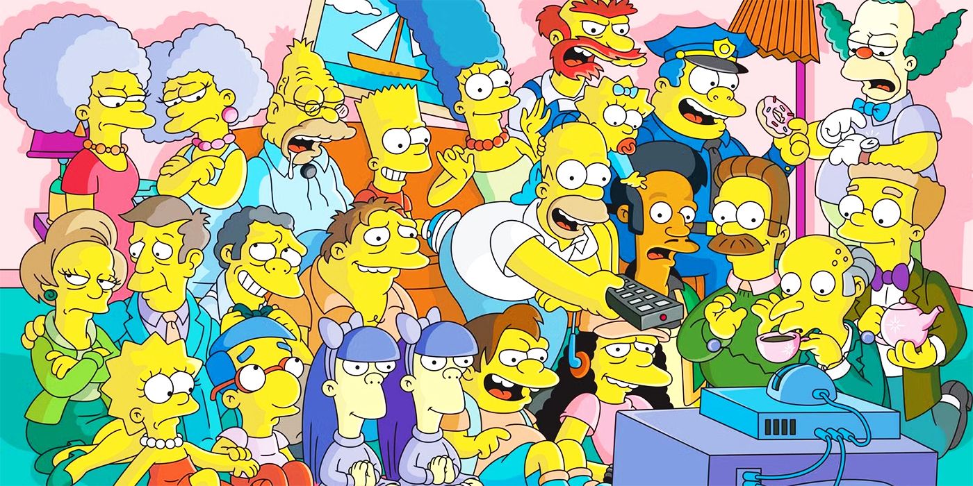 The Simpsons cast of characters all sitting around the TV.