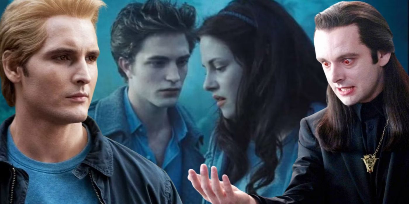A blended image features Twilight Saga characters Carlisle, Edward, Bella, and Aro
