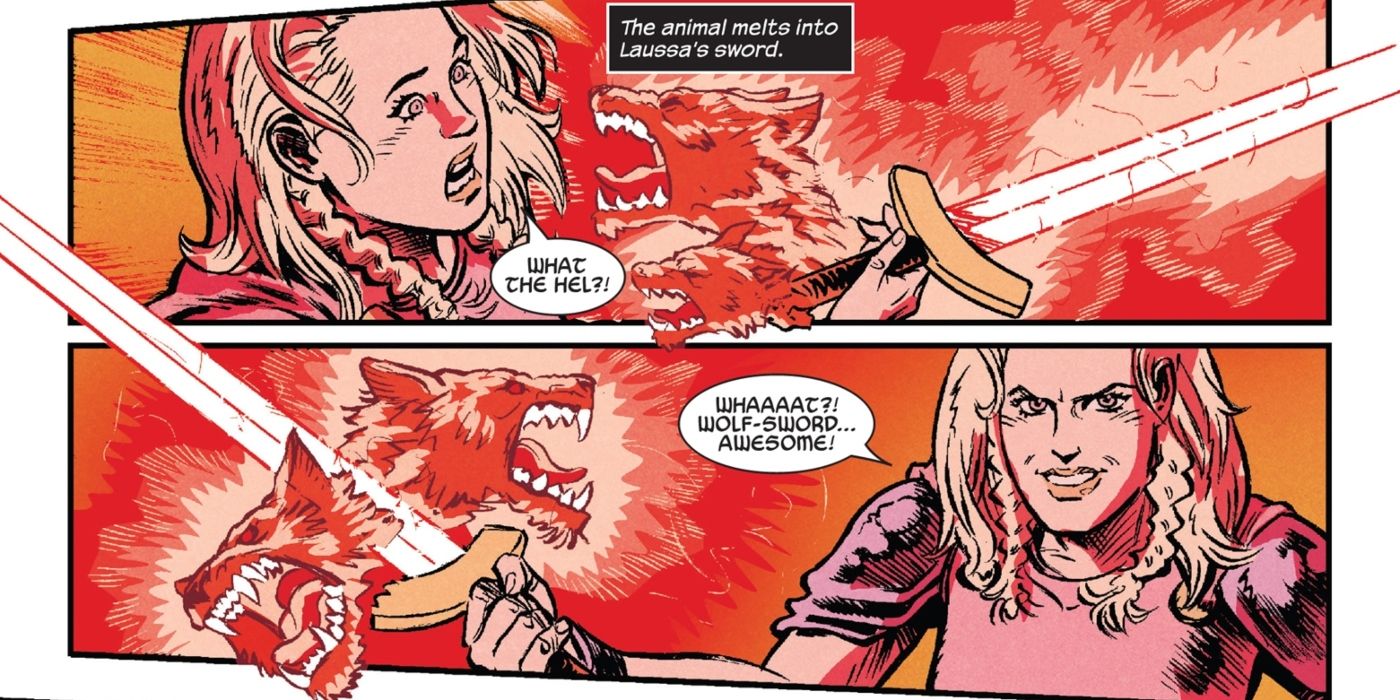 Thor&rsquo;s sister, Laussa, wielding her first sword.