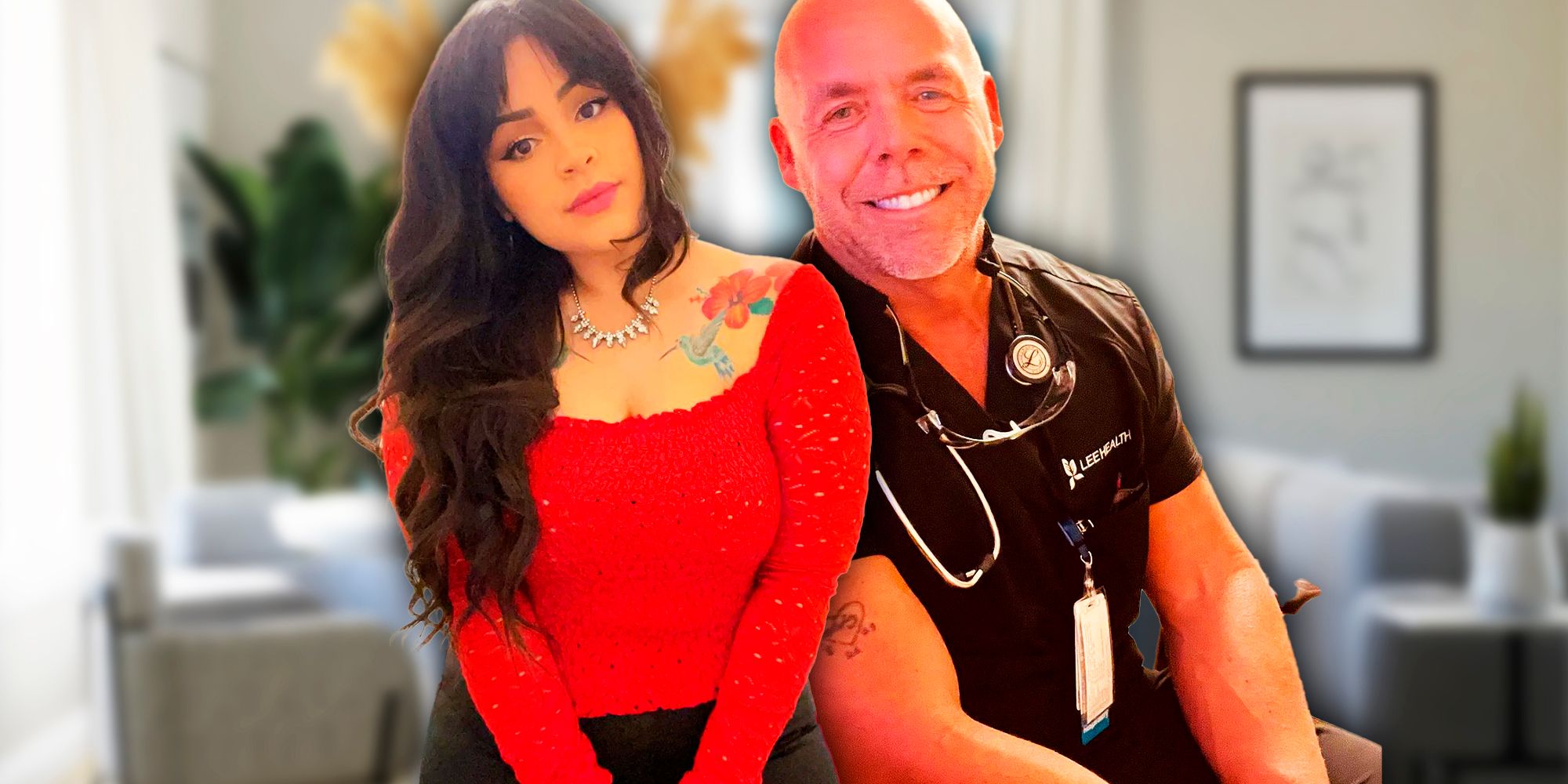 90 Day Fiance&rsquo;s Tiffany Franco wearing red top and Scott Wern in his medical scrubs smiling