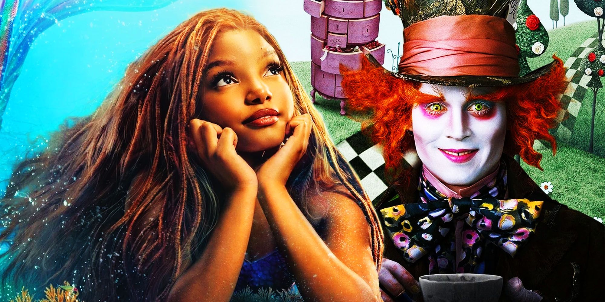An image of Halle Bailey as The Little Mermaid and Johnny Depp as The Mad Hatter in Alice In Wonderland