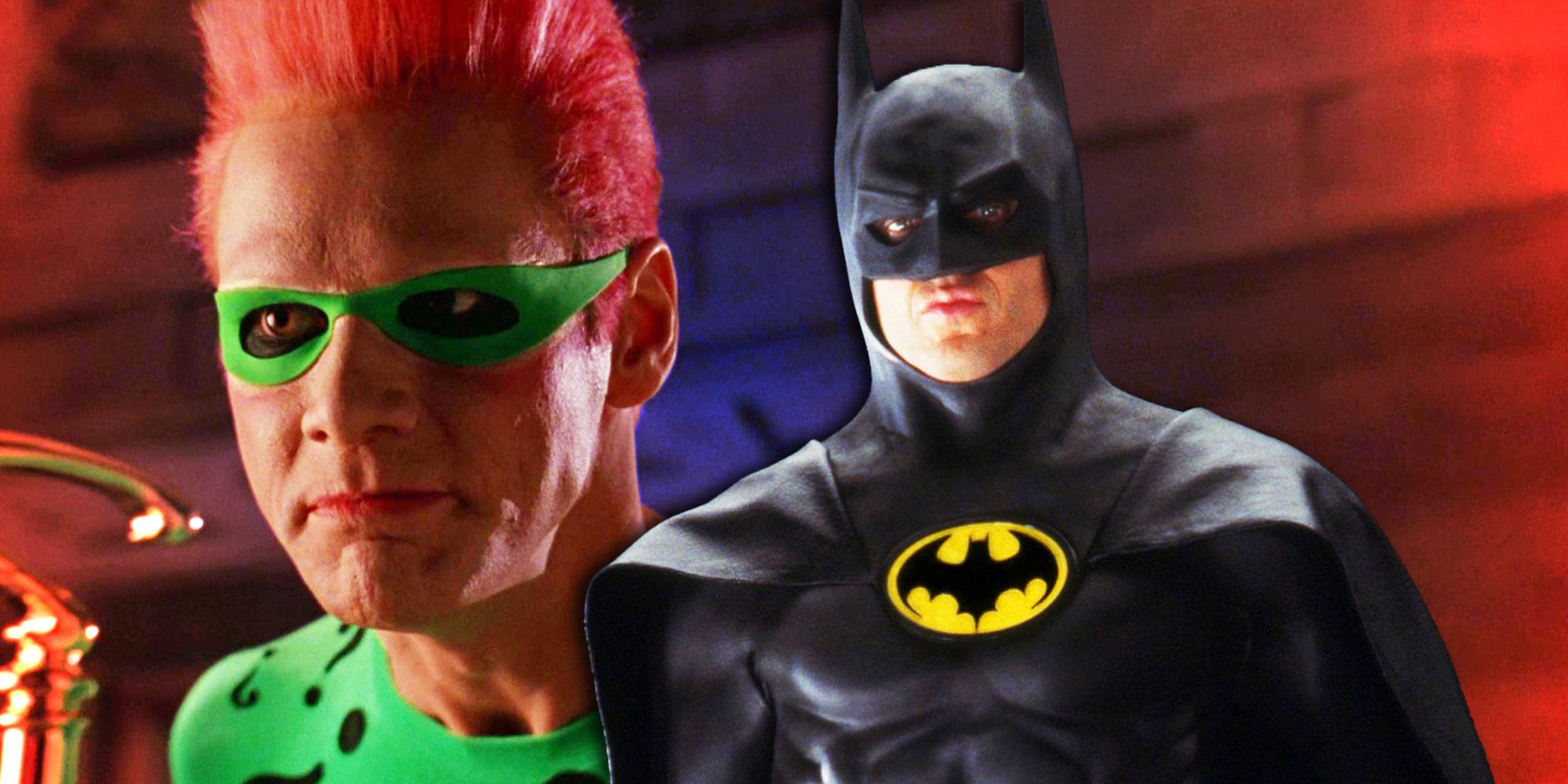 Jim Carrey as the Riddler in Batman Forever and Michael Keaton as Batman in Batman '89