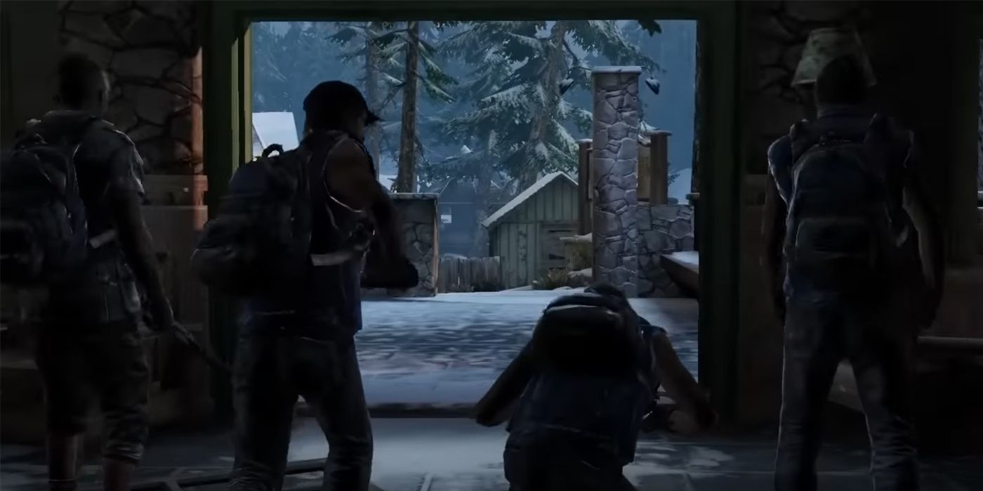 Sekelompok penyintas melihat keluar kabin di lingkungan bersalju di trailer The Last of Us 'Factions