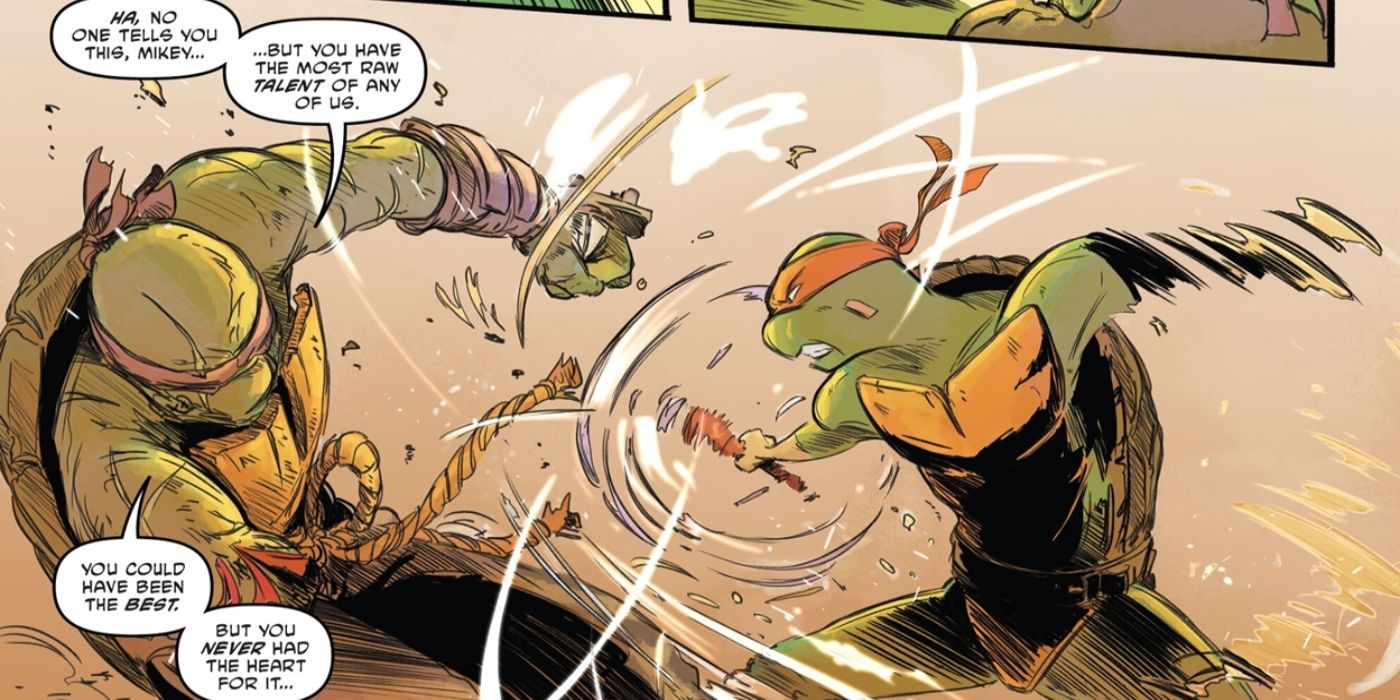 TMNT&rsquo;s Michelangelo fighting Old Raph.