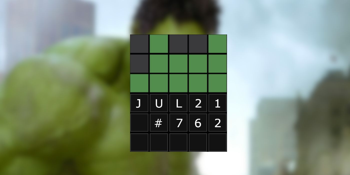 July 21st Wordle grid with a Burly Hulk in the background