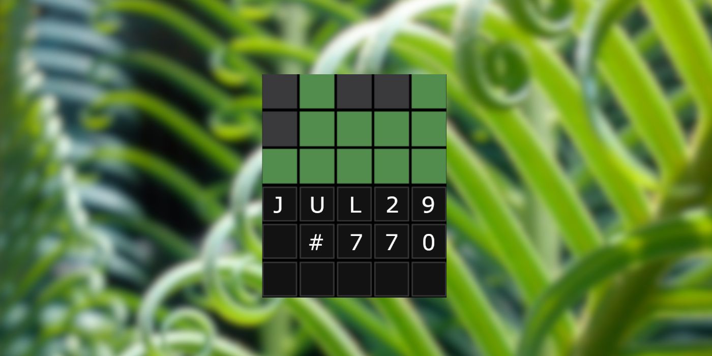 July 29th Wordle grid with a curly plant in the background